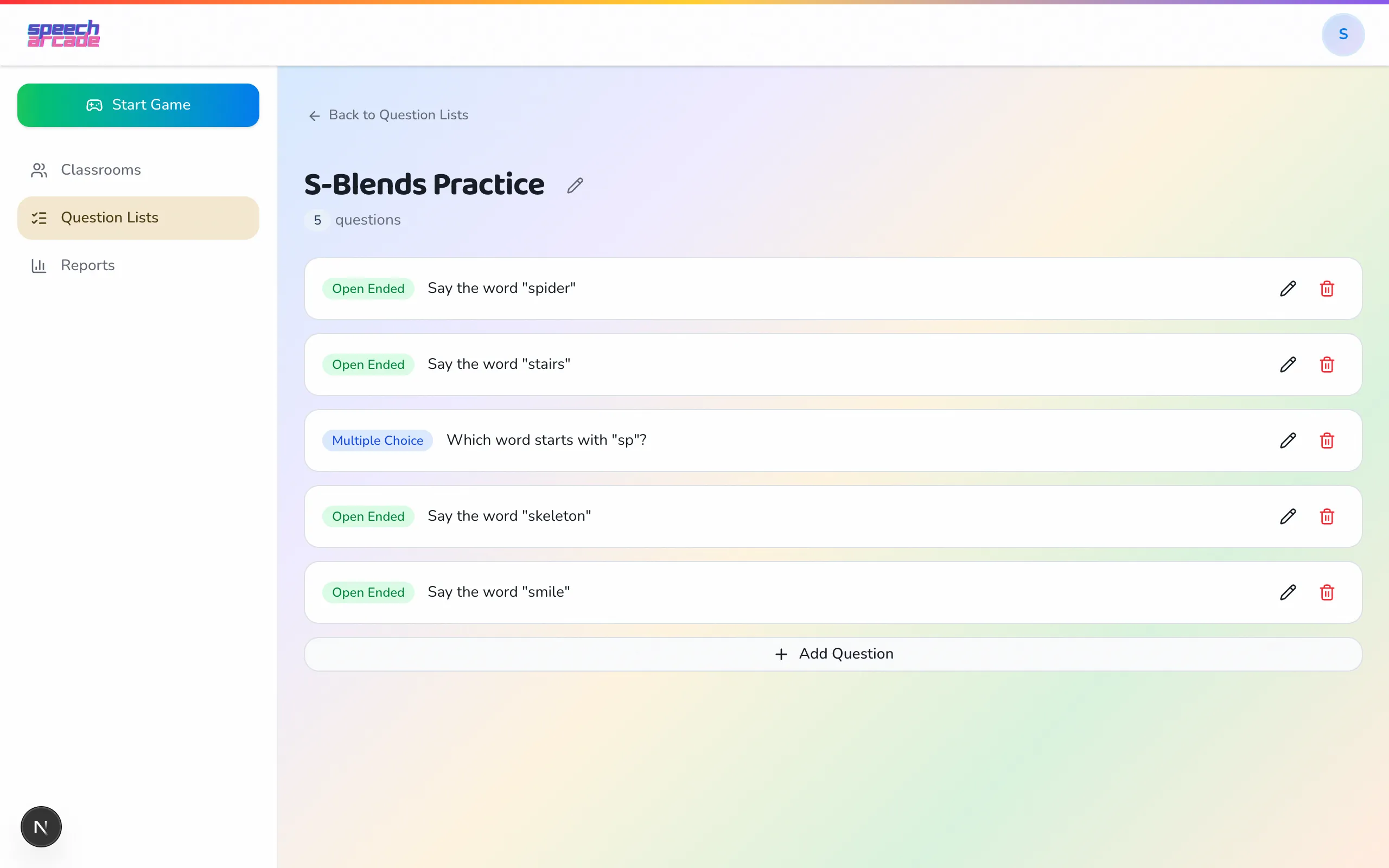 Custom question list builder in Speech Arcade