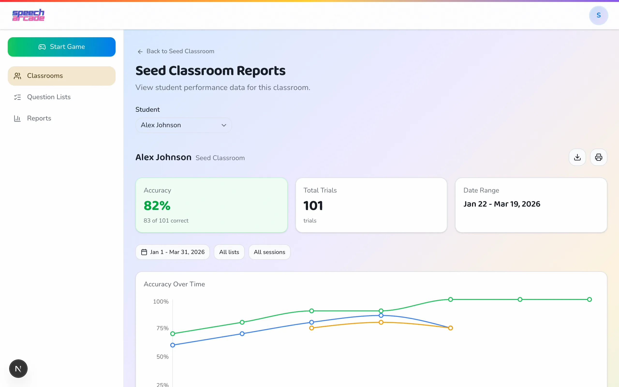 Automatic data tracking and progress reports in Speech Arcade