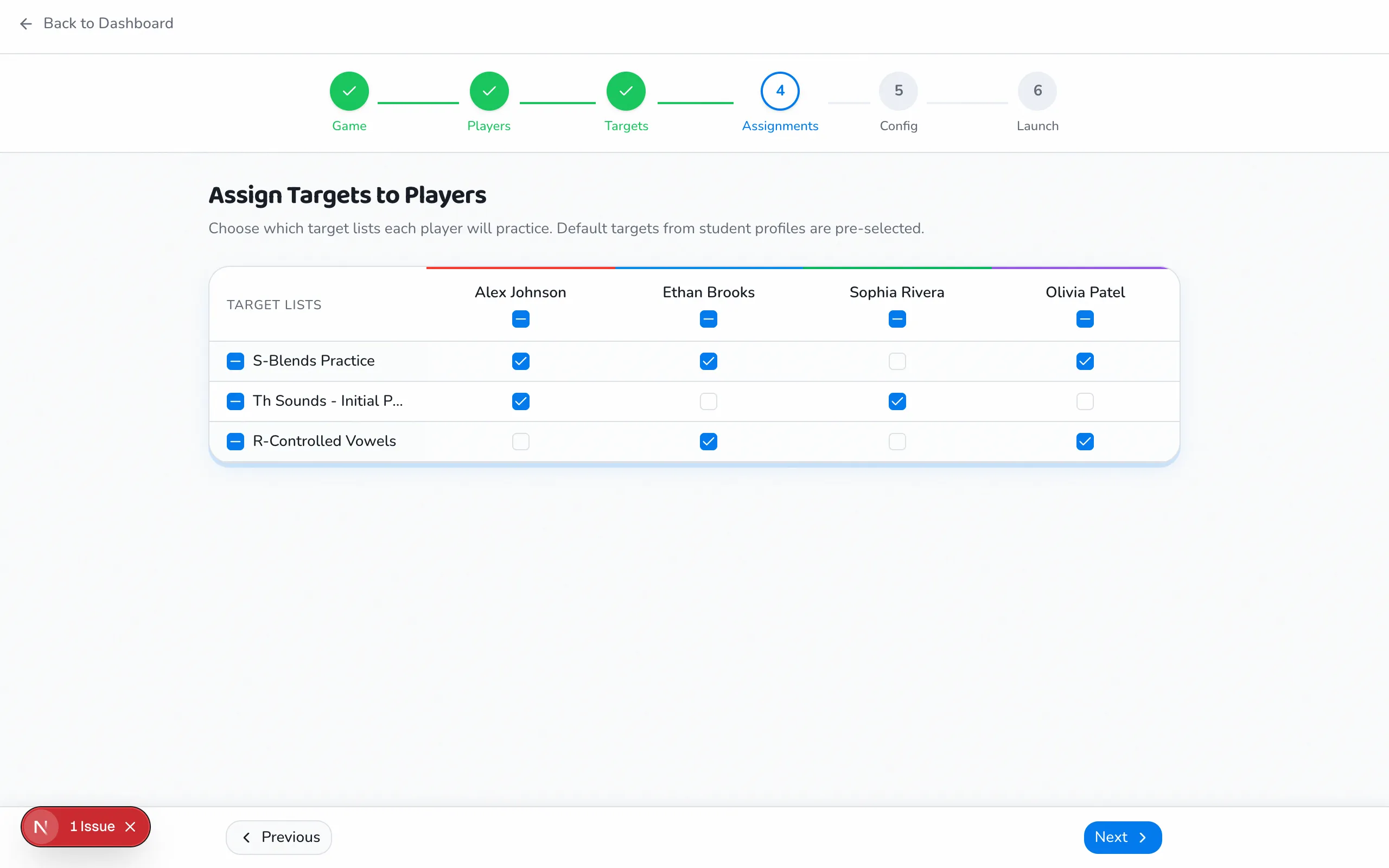 Student target assignment matrix in Speech Arcade